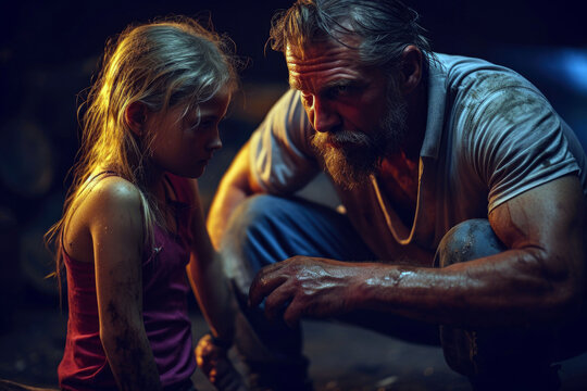 Caucasian stepfather teaching stepdaughter to change a tire, she shows how she can repair it.