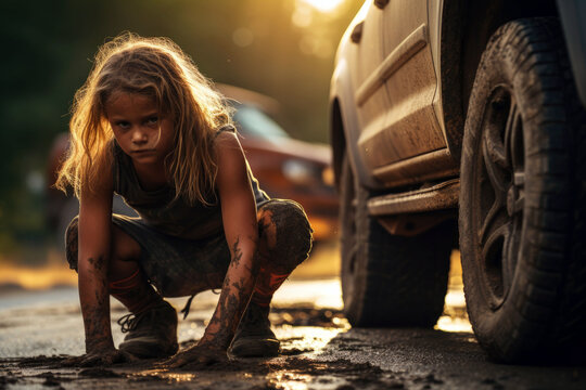 Caucasian stepfather teaching stepdaughter to change a tire, she shows how she can repair it.