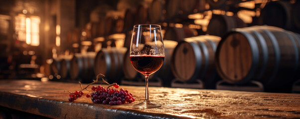 Winery: A glass of wine being poured against a barrel in a wine cellar. Wide format. - obrazy, fototapety, plakaty