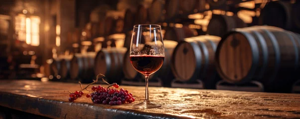 Fototapeten Winery: A glass of wine being poured against a barrel in a wine cellar. Wide format. © MADMAT