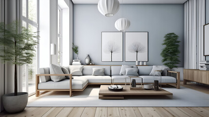 Contemporary Interior Design Background. nterior of living room with green houseplants and sofas. Scandinavian Living Room.