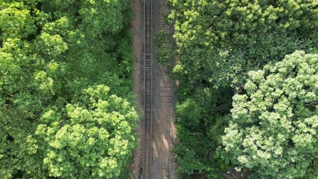 abandoned railroad tracks aerial footage (4k 30fps) shot from above, flying forward, backwards (overgrown train rails, ties, right of way) riding