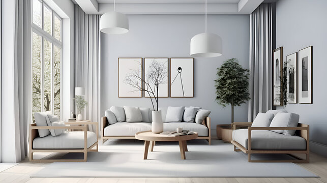 Fototapeta Contemporary Interior Design Background. nterior of living room with green houseplants and sofas. Scandinavian Living Room.