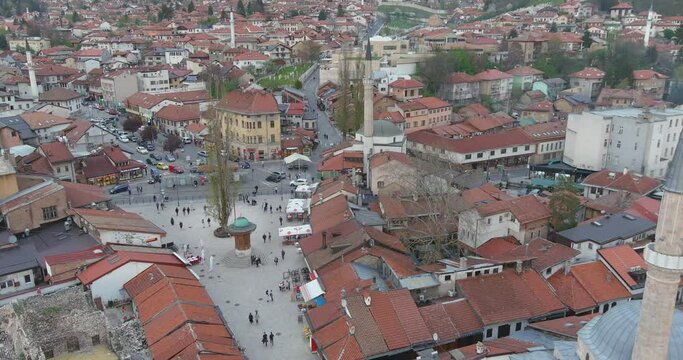 Sarajevo Aerial of the Pigeon Square on Bascarsija and Minarets Arround It