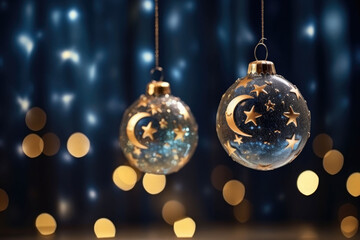 Glass christmas decorations hanging from a christmas at night. Bokeh background. Night time, stars,...