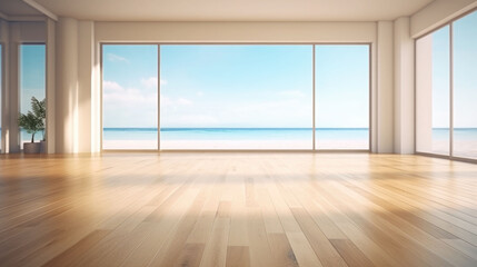 Empty large room in luxury beach house with wooden floor, large windows. AI generated - obrazy, fototapety, plakaty