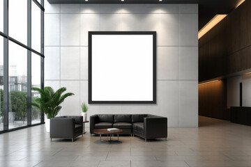 Advertising billboard frame on wall in office lobby copy space for mock up template. Generative AI