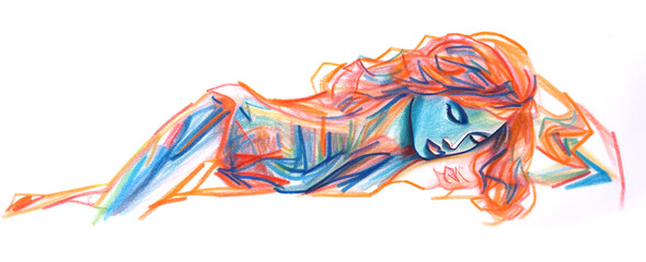 Young man girl rest sleep take a nap colored pencils - obrazy, fototapety, plakaty