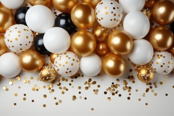 Composition of gold and white balloons with helium and confetti. Holiday, birthday or New Year concept. Party decoration. Background for invitation card with copy space