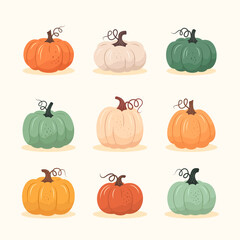 Colorful pumpkins set fall design. Vector illustration in flat style