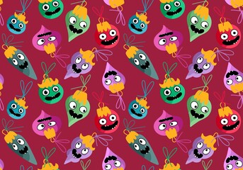 Christmas tree balls seamless cartoon monsters with face pattern for fabrics and wrapping paper and kids print