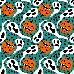 Cartoon autumn vegetable seamless Halloween pumpkins pattern for wrapping paper and fabrics and kids clothes