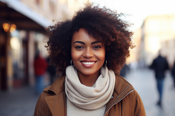 Generative AI picture of young mixed race attractive woman student in the city backdrop