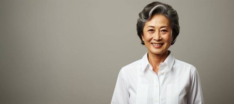 an elderly beautiful woman wearing a white shirt mockup in a studio, at white background, presentation mock-up