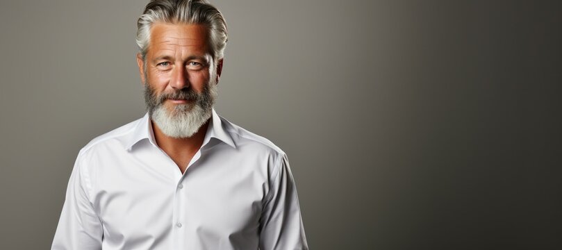 one caucasian white, middleaged man, wearing a white shirt on grey background, bearded, handsome