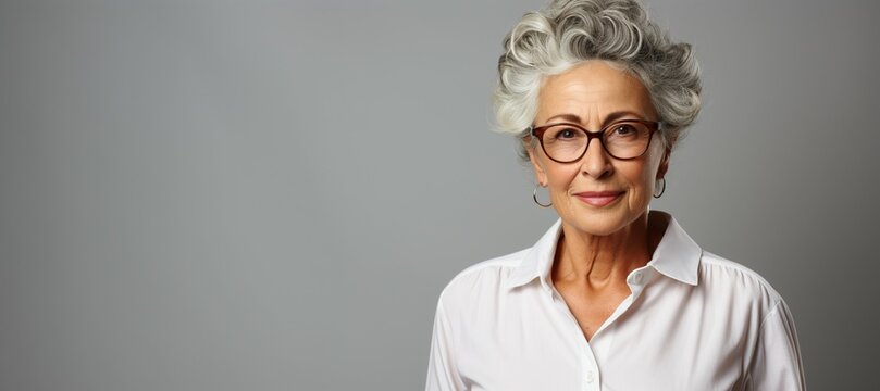 an elderly woman, wearing a white shirt on a grey background, looking confident with glasses