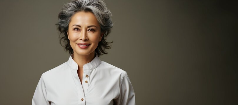 an elderly beautiful woman wearing a white shirt mockup in a studio, at white background, presentation mock-up