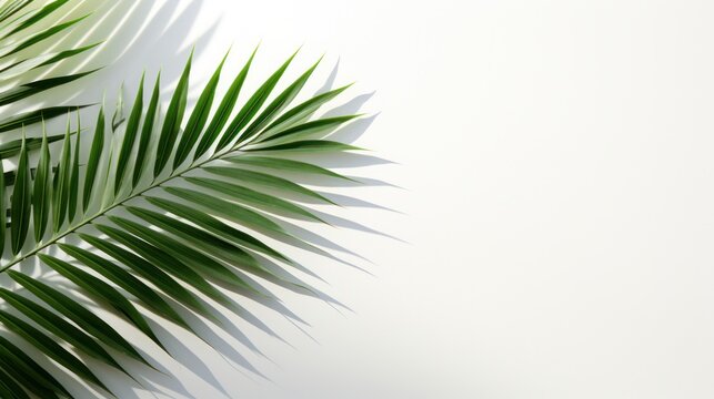 lone palm leaf, emerald green, against a white wall. 