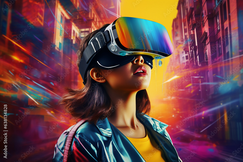 Poster generative ai collage photo of gamer using device gadget for virtual reality mysterious world