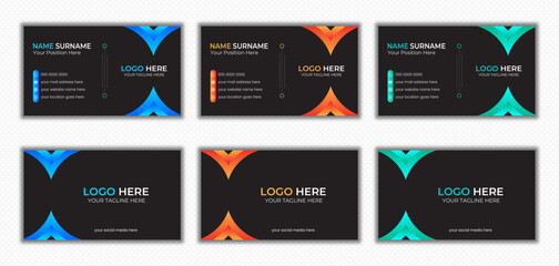 Set of creative and modern business card template design. Black background and blue, orange and green color gradient 2023.