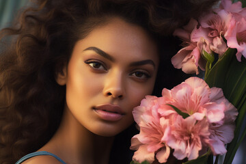 Naklejka premium Generative AI portrait of lovely girl surrounded by fresh bright summer flowers