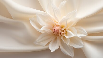 Obraz na płótnie Canvas the velvety detail of a dahlia flower rests on a textured lightweight fabric.