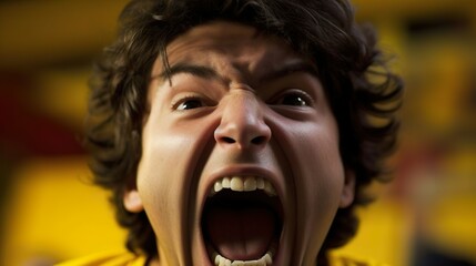 Crazy excited screaming football male fan supports cheers national team in live soccer match at stadium. Man's emotions. Sports championship. Goal scored.