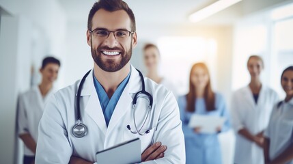 Portrait of a friendly middle-aged European doctor in overalls with a stethoscope around his neck, with a tablet in his hands in the interior of a clinic with interns. Ai design