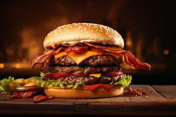 Big fastfood tasty restaurant burger hamburger cheeseburger Generative AI picture - Powered by Adobe