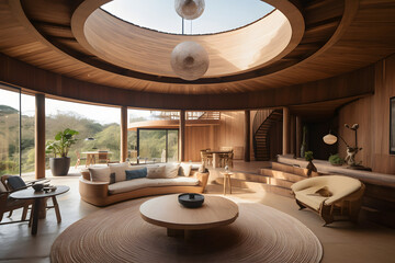 Rustic Radiance: A Living Room with Curved Ceilings and Woodwork Charm.