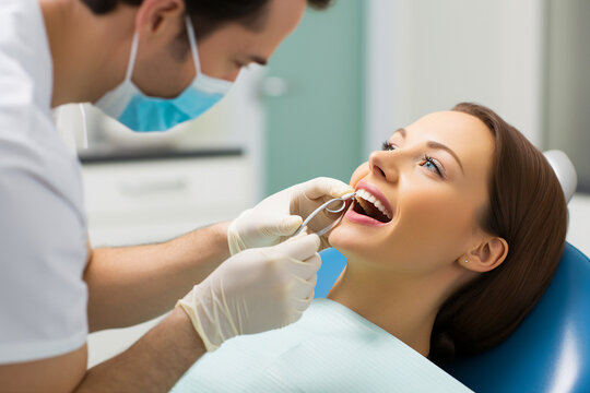 Generative AI photo of happy young patient sitting on chair in dentist's office concept of healthy and beaming smile