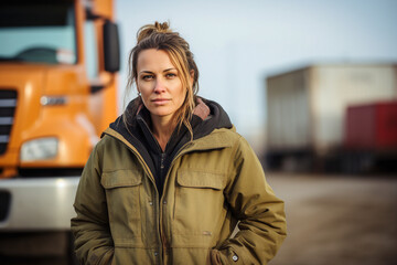 Fototapeta premium AI generated photography of beautiful woman professional truck driver standing in front of own fast car outside