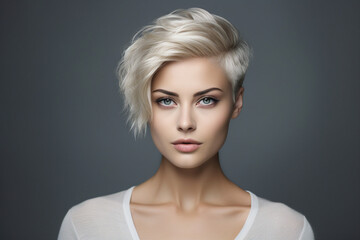 Generative AI picture portrait of young beautiful woman with short haircut styling