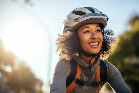 Generative AI picture of happy beautiful lady in protective helmet riding bike exploring new city enjoying nature outdoors