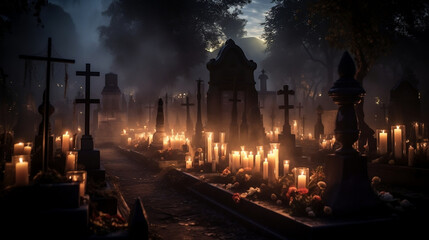 Fototapeta na wymiar Aleja cmentarna w noc Wszystkich Świętych. Groby z krzyżami udekorowane zniczami. 