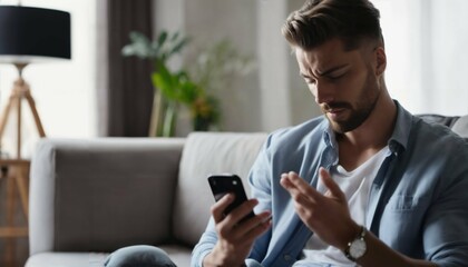 Handsome young man texting on iphone with blank white screen at home, confused expression