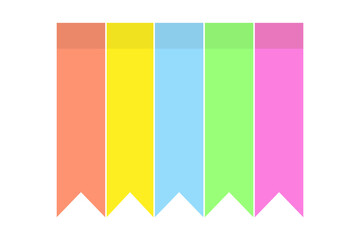 Vector set of 5 colorful paper flagshaped stickers in trendy bright sades on a transparent backdrop