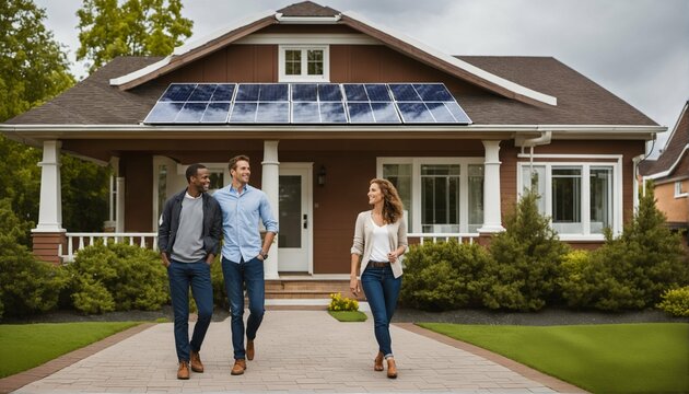 Smiling Gay Couple In Front Of Their Eco-friendly Home With Solar Panels