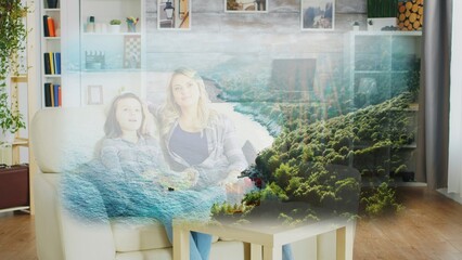 Naklejka premium Parent and child watching relaxing informative content on holographic projector, relaxing at home on sofa enjoying time together on lazy day. Family bonding by streaming nature documentary on TV