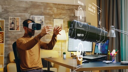 Cad expert manufacturing machine product parts on computer using augmented reality technology, working on industrial machinery production assisted by innovative engineering VR application