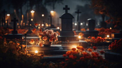 Epitafium na pomniku z krzyżem w centrum cmentarza udekorowanego kwiatami i zniczami. Noc Wszystkich Świętych. - obrazy, fototapety, plakaty