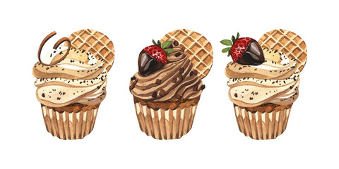 Watercolor dessert cupcake set, whipped cream with strawberry and cookie, muffin in wax liner. Hand-drawn illustration isolated on white background. Perfect food menu, food drawing, design packing.