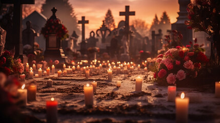 Obrzędy pogrzebowe na cmentarzu o zachodzie słońca - dużo zniczy i kwiatów wśród grobów - obrazy, fototapety, plakaty