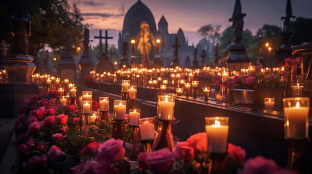 Wszystkich Świętych. Znicze na cmentarzu wśród róż, innych kwiatów i krzyży z płytami nagrobkowymi. © yeseyes9