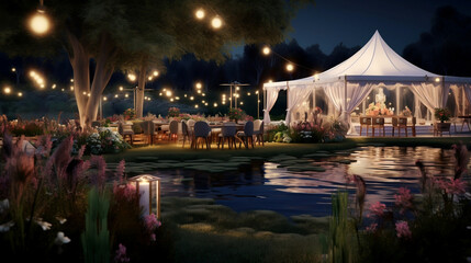 Namiot weselny w ogrodzie wsród natury nad jeziorem nocą z girlandami i lampkami pięknie...