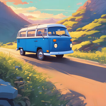 Kombi on the road. Blue Kombi on the road on vacation trip. Car in the mountains. Sunset background.
