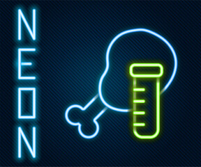 Glowing neon line Genetically modified chicken icon isolated on black background. Syringe being injected to chicken. Colorful outline concept. Vector