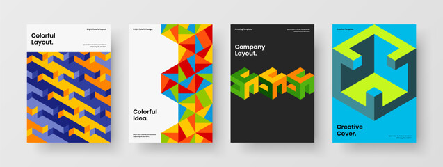 Fototapeta premium Fresh presentation vector design concept set. Colorful mosaic hexagons magazine cover illustration bundle.