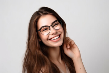 In this engaging portrait, a cheerful and satisfied woman with glasses exudes confidence against a pristine white background. Her happiness is palpable in her bright smile.