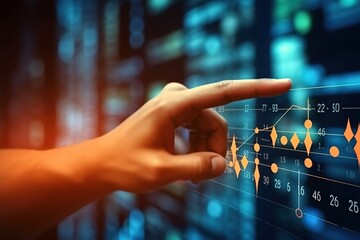 Fototapeta premium Businessman touching digital data on hologram screen with his finger.